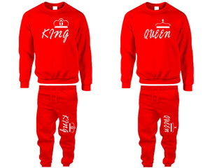 King and Queen top and bottom sets. Red sweatshirt and sweatpants set for men, sweater and jogger pants for women.