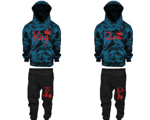 King and Queen matching top and bottom set, Teal Cloud design tie dye hoodie and jogger pants set for mens, tie dye hoodie and jogger set womens. Matching couple joggers.