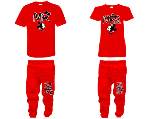 Mr Mrs shirts, matching top and bottom set, Red t shirts, men joggers, shirt and jogger pants women. Matching couple joggers