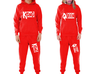 King and Queen matching top and bottom set, Red pullover hoodie and sweatpants sets for mens, pullover hoodie and jogger set womens. Matching couple joggers.