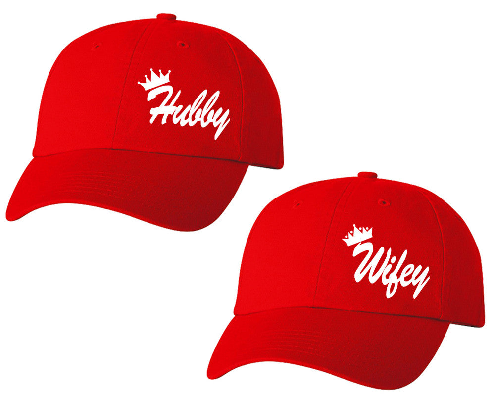 Hubby and Wifey matching caps for couples, Red baseball caps.