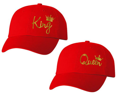 King and Queen matching caps for couples, Red baseball caps.Gold Foil color Vinyl Design