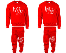 Load image into Gallery viewer, Mr and Mrs top and bottom sets. Red sweatshirt and sweatpants set for men, sweater and jogger pants for women.
