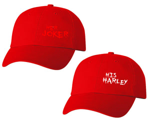 Her Joker and His Harley matching caps for couples, Red baseball caps.
