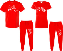 Charger l&#39;image dans la galerie, Hubby and Wifey shirts and jogger pants, matching top and bottom set, Red t shirts, men joggers, shirt and jogger pants women. Matching couple joggers
