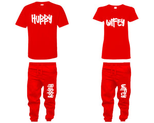 Hubby and Wifey shirts and jogger pants, matching top and bottom set, Red t shirts, men joggers, shirt and jogger pants women. Matching couple joggers