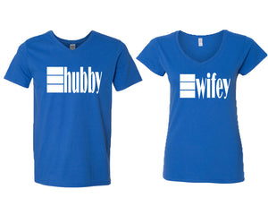 Hubby and Wifey matching couple v-neck shirts.Couple shirts, Royal Blue v neck t shirts for men, v neck t shirts women. Couple matching shirts.