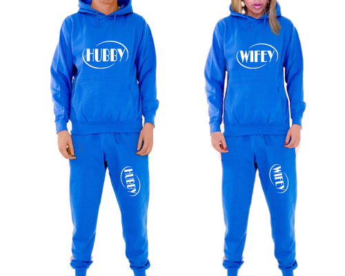 Hubby and Wifey matching top and bottom set, Royal Blue pullover hoodie and sweatpants sets for mens, pullover hoodie and jogger set womens. Matching couple joggers.