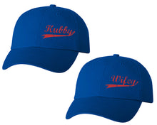 Load image into Gallery viewer, Hubby and Wifey matching caps for couples, Royal Blue baseball caps.Red Glitter color Vinyl Design
