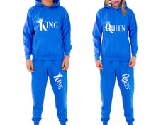 Load image into Gallery viewer, King and Queen matching top and bottom set, Royal Blue pullover hoodie and sweatpants sets for mens, pullover hoodie and jogger set womens. Matching couple joggers.
