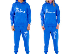 Load image into Gallery viewer, Prince and Princess matching top and bottom set, Royal Blue pullover hoodie and sweatpants sets for mens, pullover hoodie and jogger set womens. Matching couple joggers.
