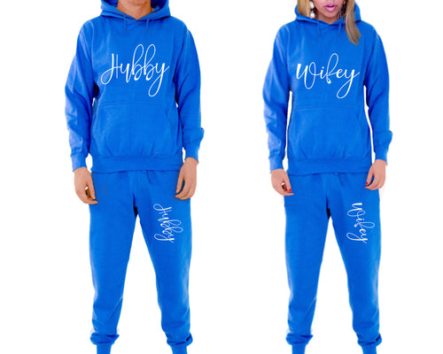 Hubby and Wifey matching top and bottom set, Royal Blue pullover hoodie and sweatpants sets for mens, pullover hoodie and jogger set womens. Matching couple joggers.