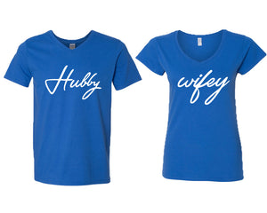 Hubby and Wifey matching couple v-neck shirts.Couple shirts, Royal Blue v neck t shirts for men, v neck t shirts women. Couple matching shirts.