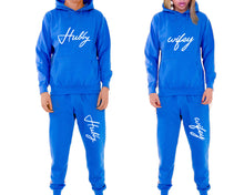 Load image into Gallery viewer, Hubby and Wifey matching top and bottom set, Royal Blue pullover hoodie and sweatpants sets for mens, pullover hoodie and jogger set womens. Matching couple joggers.
