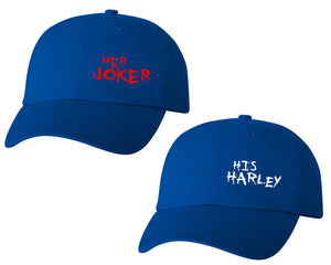 Her Joker and His Harley matching caps for couples, Royal Blue baseball caps.
