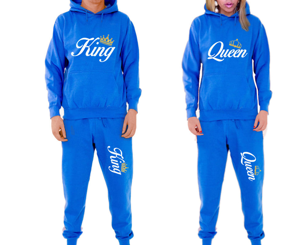 King and Queen matching top and bottom set, Royal Blue pullover hoodie and sweatpants sets for mens, pullover hoodie and jogger set womens. Matching couple joggers.