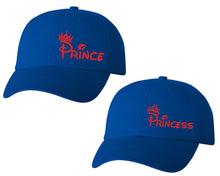 Load image into Gallery viewer, Prince and Princess matching caps for couples, Royal Blue baseball caps.Red color Vinyl Design
