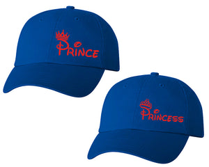 Prince and Princess matching caps for couples, Royal Blue baseball caps.Red color Vinyl Design