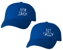 Load image into Gallery viewer, Her Jack and His Sally matching caps for couples, Royal Blue baseball caps.
