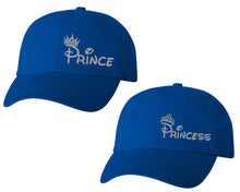 Load image into Gallery viewer, Prince and Princess matching caps for couples, Royal Blue baseball caps.Silver Glitter color Vinyl Design
