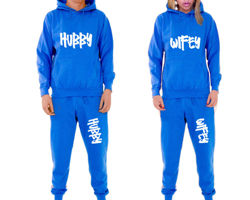 Hubby and Wifey matching top and bottom set, Royal Blue pullover hoodie and sweatpants sets for mens, pullover hoodie and jogger set womens. Matching couple joggers.