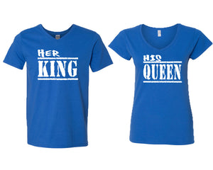Her King and His Queen matching couple v-neck shirts.Couple shirts, Royal Blue v neck t shirts for men, v neck t shirts women. Couple matching shirts.