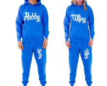 將圖片載入圖庫檢視器 Hubby and Wifey matching top and bottom set, Royal Blue pullover hoodie and sweatpants sets for mens, pullover hoodie and jogger set womens. Matching couple joggers.
