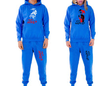 將圖片載入圖庫檢視器 Her Joker and His Harley matching top and bottom set, Royal Blue pullover hoodie and sweatpants sets for mens, pullover hoodie and jogger set womens. Matching couple joggers.
