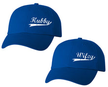 Load image into Gallery viewer, Hubby and Wifey matching caps for couples, Royal Blue baseball caps.White color Vinyl Design
