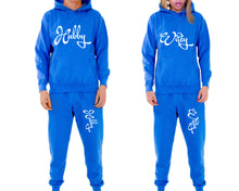Load image into Gallery viewer, Hubby and Wifey matching top and bottom set, Royal Blue pullover hoodie and sweatpants sets for mens, pullover hoodie and jogger set womens. Matching couple joggers.
