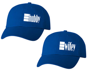 Hubby and Wifey matching caps for couples, Royal Blue baseball caps.