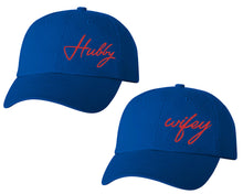 Load image into Gallery viewer, Hubby and Wifey matching caps for couples, Royal Blue baseball caps.Red Glitter color Vinyl Design
