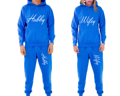 Hubby and Wifey matching top and bottom set, Royal Blue pullover hoodie and sweatpants sets for mens, pullover hoodie and jogger set womens. Matching couple joggers.