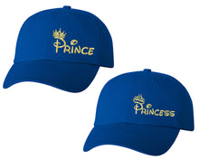 Load image into Gallery viewer, Prince and Princess matching caps for couples, Royal Blue baseball caps.Gold Foil color Vinyl Design
