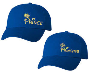 Prince and Princess matching caps for couples, Royal Blue baseball caps.Gold Foil color Vinyl Design