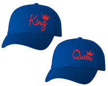 Load image into Gallery viewer, King and Queen matching caps for couples, Royal Blue baseball caps.Red color Vinyl Design
