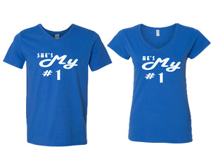 She's My Number 1 and He's My Number 1 matching couple v-neck shirts.Couple shirts, Royal Blue v neck t shirts for men, v neck t shirts women. Couple matching shirts.