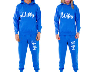 Hubby and Wifey matching top and bottom set, Royal Blue pullover hoodie and sweatpants sets for mens, pullover hoodie and jogger set womens. Matching couple joggers.