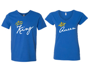 King and Queen matching couple v-neck shirts.Couple shirts, Royal Blue v neck t shirts for men, v neck t shirts women. Couple matching shirts.