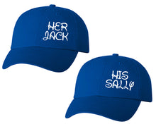 Load image into Gallery viewer, Her Jack and His Sally matching caps for couples, Royal Blue baseball caps.
