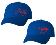 Görseli Galeri görüntüleyiciye yükleyin, Hubby and Wifey matching caps for couples, Royal Blue baseball caps.Red color Vinyl Design
