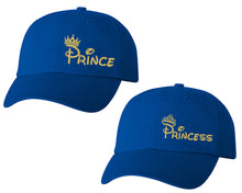 Load image into Gallery viewer, Prince and Princess matching caps for couples, Royal Blue baseball caps.Gold Glitter color Vinyl Design
