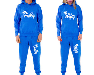Hubby and Wifey matching top and bottom set, Royal Blue pullover hoodie and sweatpants sets for mens, pullover hoodie and jogger set womens. Matching couple joggers.