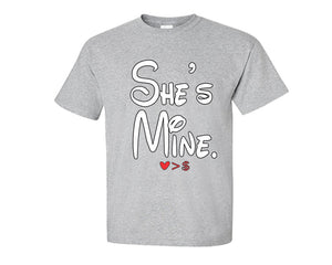 Sports Grey color She's Mine design T Shirt for Man.