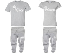 將圖片載入圖庫檢視器 Prince Princess shirts, matching top and bottom set, Sports Grey t shirts, men joggers, shirt and jogger pants women. Matching couple joggers
