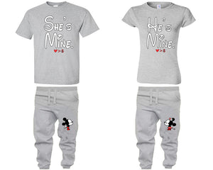 She's Mine He's Mine shirts, matching top and bottom set, Sports Grey t shirts, men joggers, shirt and jogger pants women. Matching couple joggers