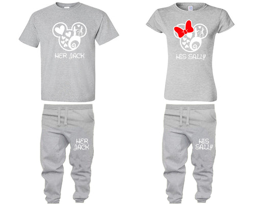 Her Jack and His Sally shirts and jogger pants, matching top and bottom set, Sports Grey t shirts, men joggers, shirt and jogger pants women. Matching couple joggers