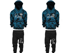 Load image into Gallery viewer, King and Queen matching top and bottom set, Silver Foil design tie dye hoodie and jogger pants set for mens, tie dye hoodie and jogger set womens. Matching couple joggers.
