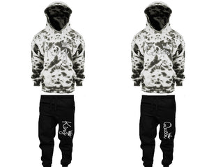 King and Queen matching top and bottom set, Silver Foil design tie dye hoodie and jogger pants set for mens, tie dye hoodie and jogger set womens. Matching couple joggers.