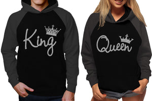 King and Queen raglan hoodies, Matching couple hoodies, Silver Glitter King Queen design on man and woman hoodies